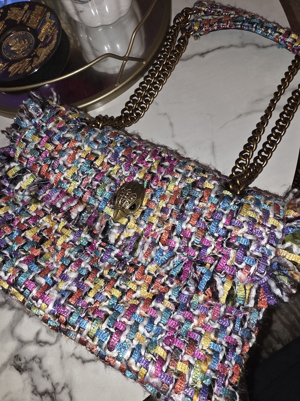 Multicolor Tweed Chain-Handle Shoulder Bag